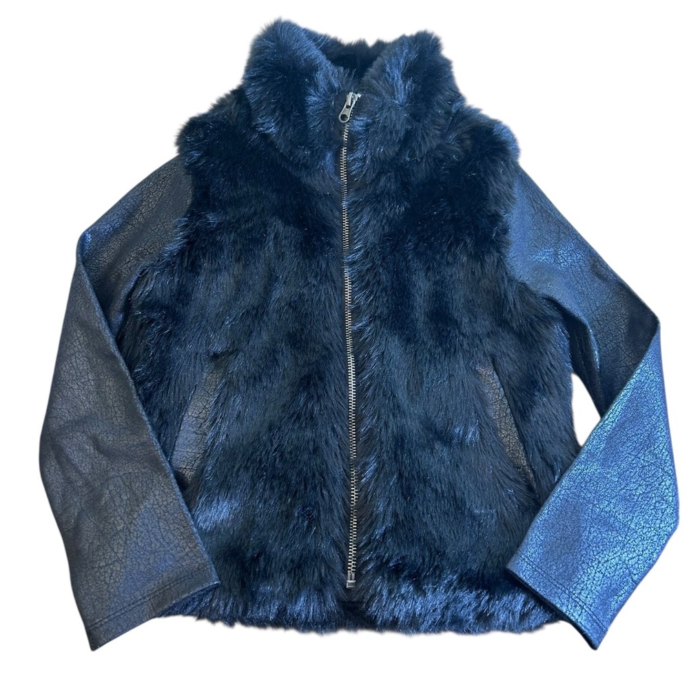 DKNY Girls Faux‎ Fur & Faux Leather Full Zip Biker Style Jacket Black Sz S (7/8)